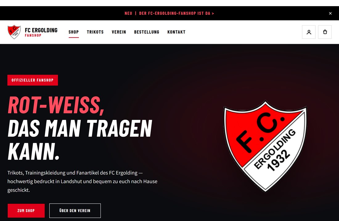 Startseite des Vereinsshops des FC Ergolding: Wappen, Vereinsname und Navigation in Rot-Weiss auf schwarzem Grund