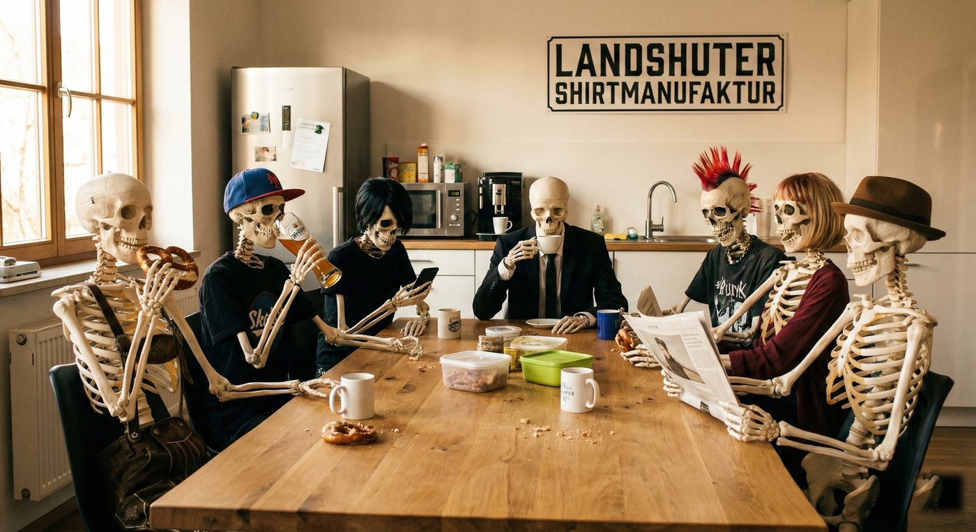 Das Team der Landshuter Shirtmanufaktur in der Kaffeeküche