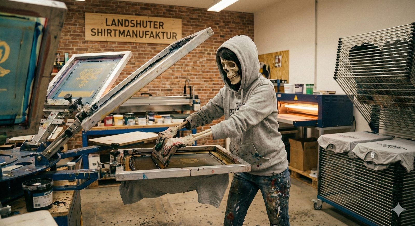 Siebdruck in der Werkstatt: Farbe wird mit dem Rakel durchs Sieb gezogen